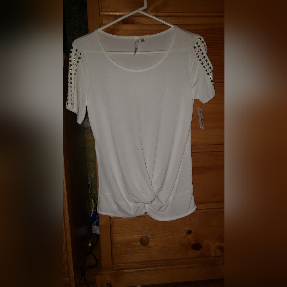 NY Collection White Polyester Spandex Top w/ Cut Out Sleeves Beading Size Small
